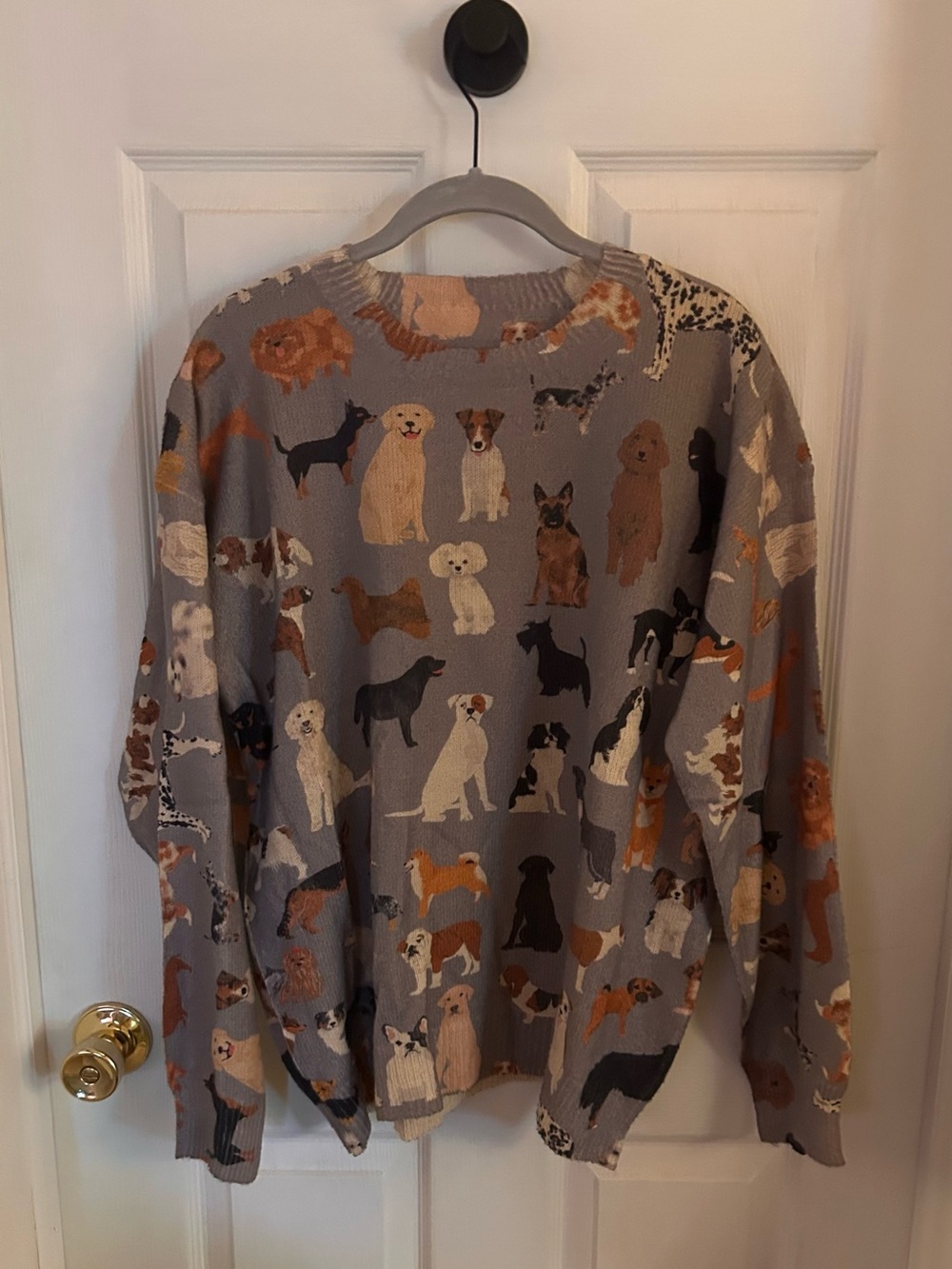 Dog Print Crewneck Sweater in Gray with Multicolor Puppies